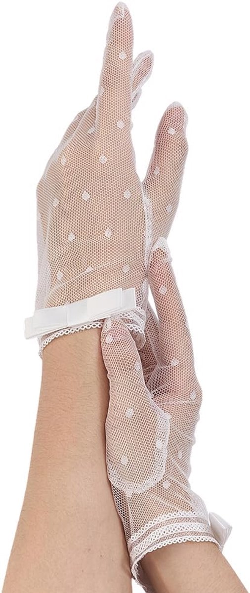 1 Paar Weiße Kurze Polyester Hochzeitshandschuhe Mit Eleganter Satinschleife Aus Vintage Tüll Transparent Für Damen Teepartys als Accessoire Für Braut Abendkostüme Und Cosplay Kostüme