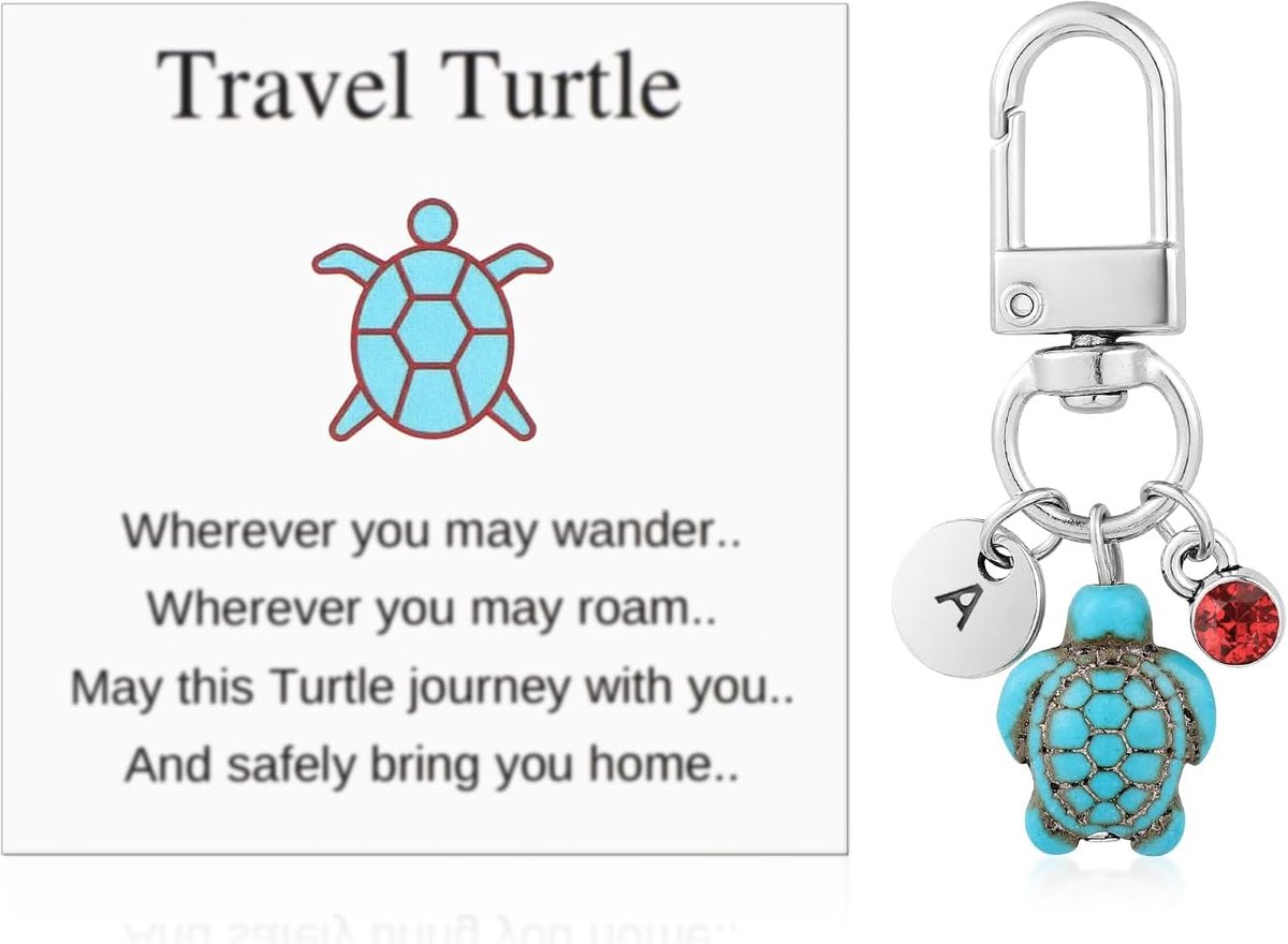 Sleutelhanger, Schattige Schildpad Sleutelhanger met Rode Edelsteen en Aanmoedigingskaart Creatieve Naaminitialen Zeeschildpad Hangers voor Familievrienden (A)