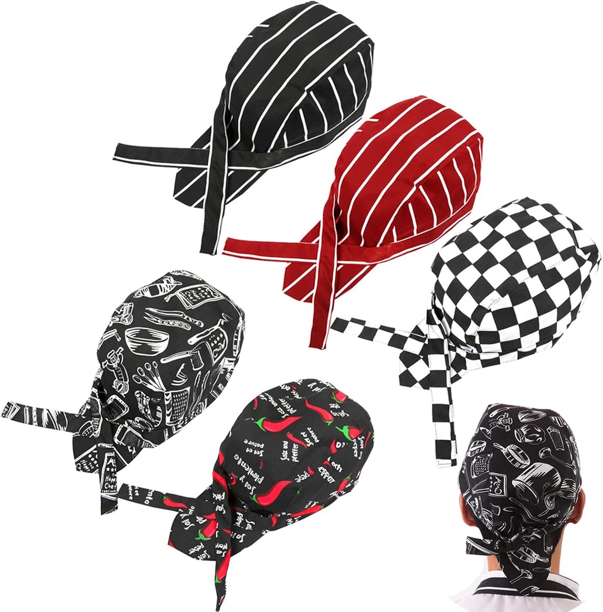 Cap,OSUTER 5PCS Japanse Chef Hoed Katoen Kokmuts Verstelbare Chefs Keuken Hoed Skull Cap voor Mannen, Vrouwen, Keuken Catering