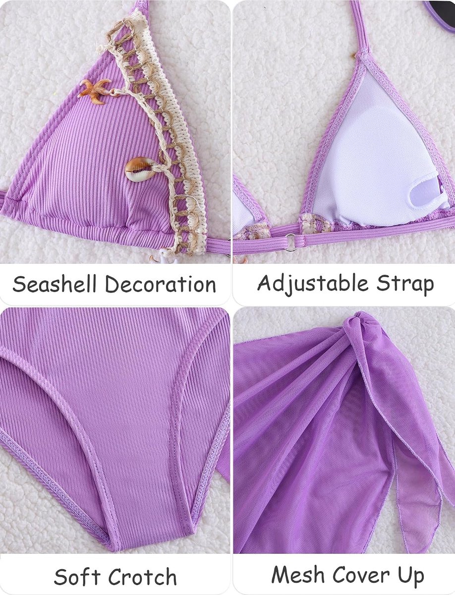 Badpak 3-delig voor kinderen, meisjes, bikinitop + slip + cover-up rok, badmode, schelp, strandkleding, 8-12 jaar