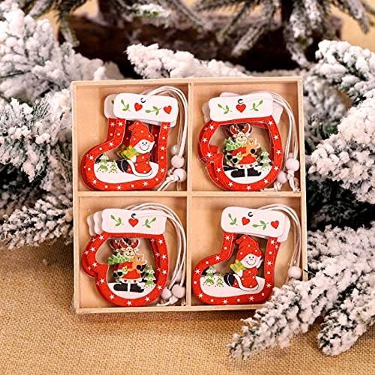 Kunstkerstboom 12 stks Kerstmis Sneeuwvlokken Houten Hangers Xmas Tree Ornaments Home Hanging Decor Christmas Decorations for Home Navidad (Color : Set3)