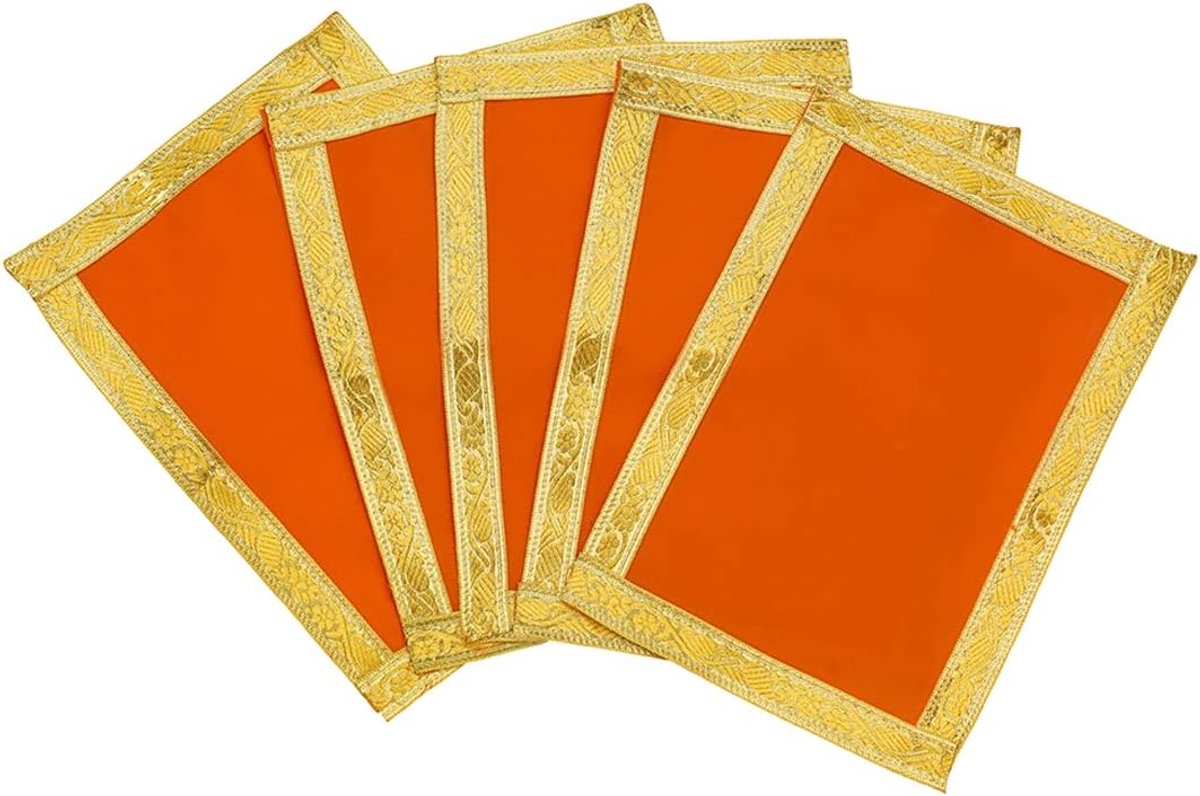 Set of 5 Mat Aasan Small Pooja Aasan Decorative Cloth (Size:-7" X 10") for Laxmi Ganesh Multipurpose Pooja Indian Traditional Festival Laxmi Poojan Ganesha Decorations Item Article Puja Kit(Orange)