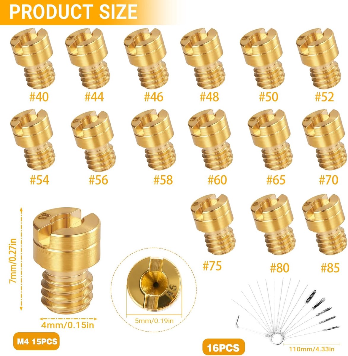 Sproeiers, M4, carburateursproeiers, hoofdsproeierset, carburateursproeiers (40-85), 40 44 46 48 50 52 54 56 58 60 65 70 75 80 85, gassproeiers voor gasgrill, scooter, motorfiets