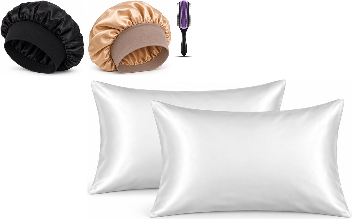 Professor Q Haar- en Slaapset - 2 Kussenslopen Wit 60 x 70 cm - Bonnet Zwart - Bonnet Goud - Purple Black Borstel