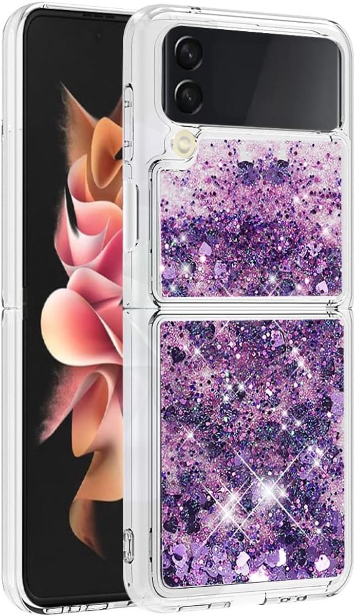 Liquid Case for Samsung Galaxy Z Flip 3 5G, 3D Glitter Bling Floating Liquid Shiny Quicksand Transparent Silicone TPU Shockproof Protective Bumper Cover for Galaxy Z Flip 3 5G,YB Purple Hearts