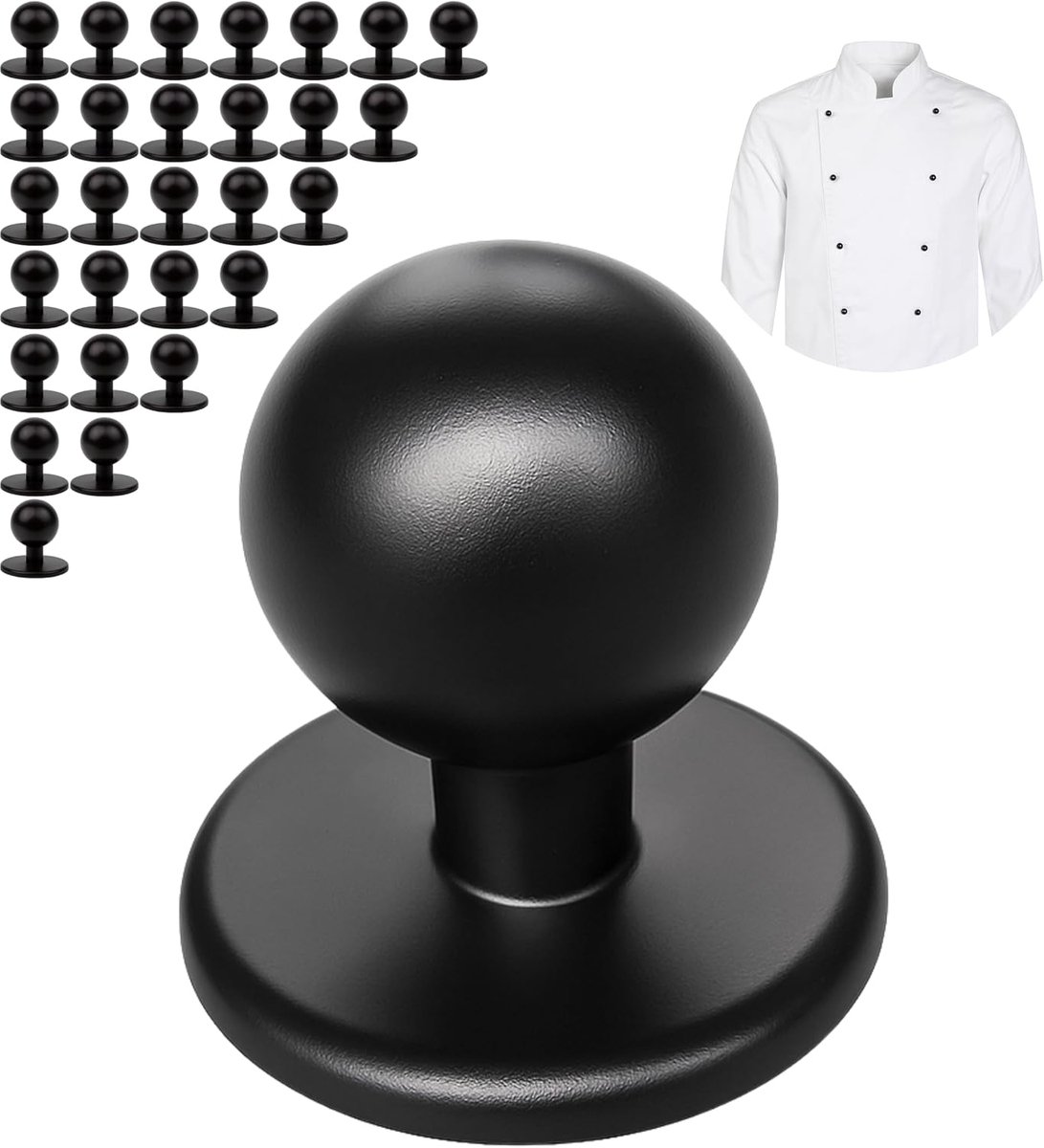 Knopen voor chef jassen, 30 stuks, in zwart, 19 x 12,5 x 18 mm buitenwerks, chef knopen met Ø 12,5 mm kop, ball button kok jack, kok pin jas keuken, cook vest pin, motief button set