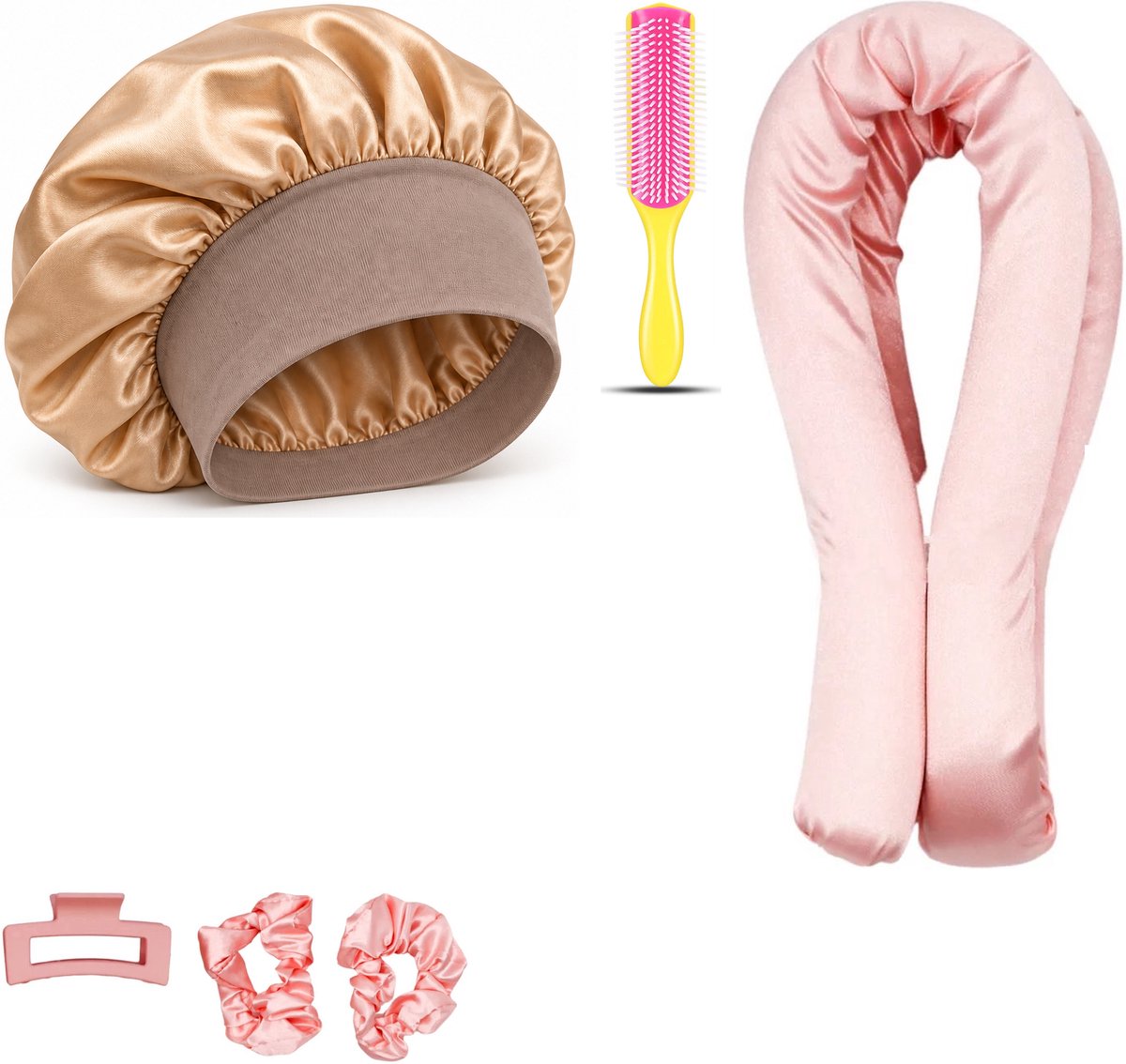 Professor Q Heatless Curls Set - Heatless Curlset met 2 Elastiekjes en Klem - Bonnet Goud - Fusion Pink Borstel