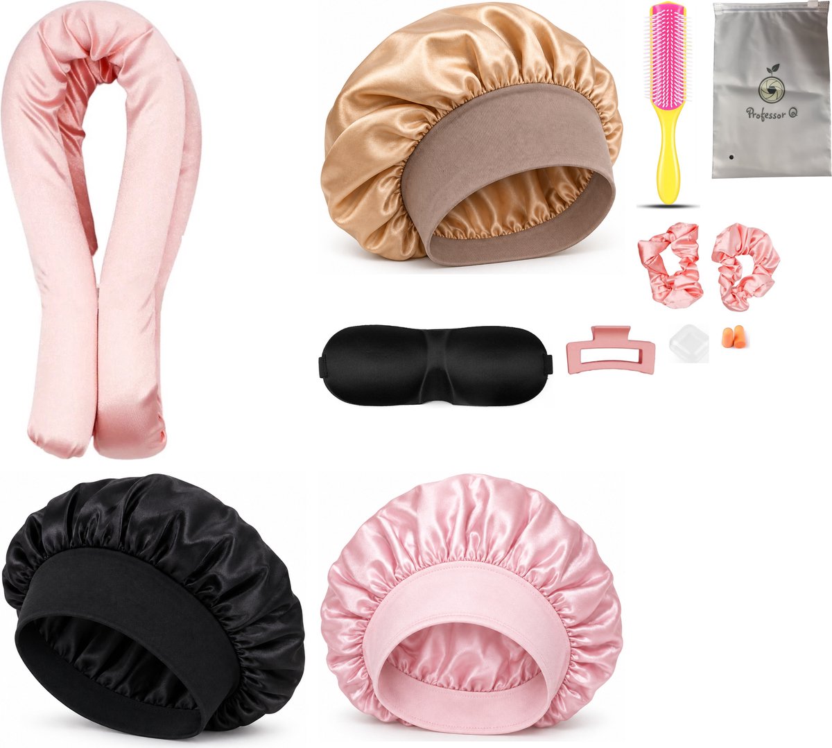 Professor Q Heatless Curls Set - Heatless Curlset met 2 Elastiekjes en Klem - Bonnet Roze - Bonnet Zwart - Bonnet Goud - Fusion Pink Borstel - Slaapmasker Zwart