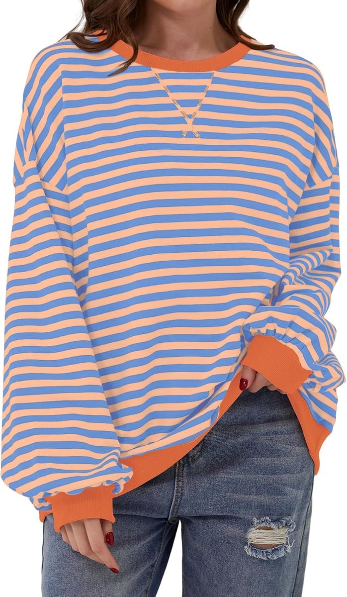 Sweatshirt,Y2K, voor dames, gestreept, oversized, lange mouwen, herfst, ronde hals, sweatshirt