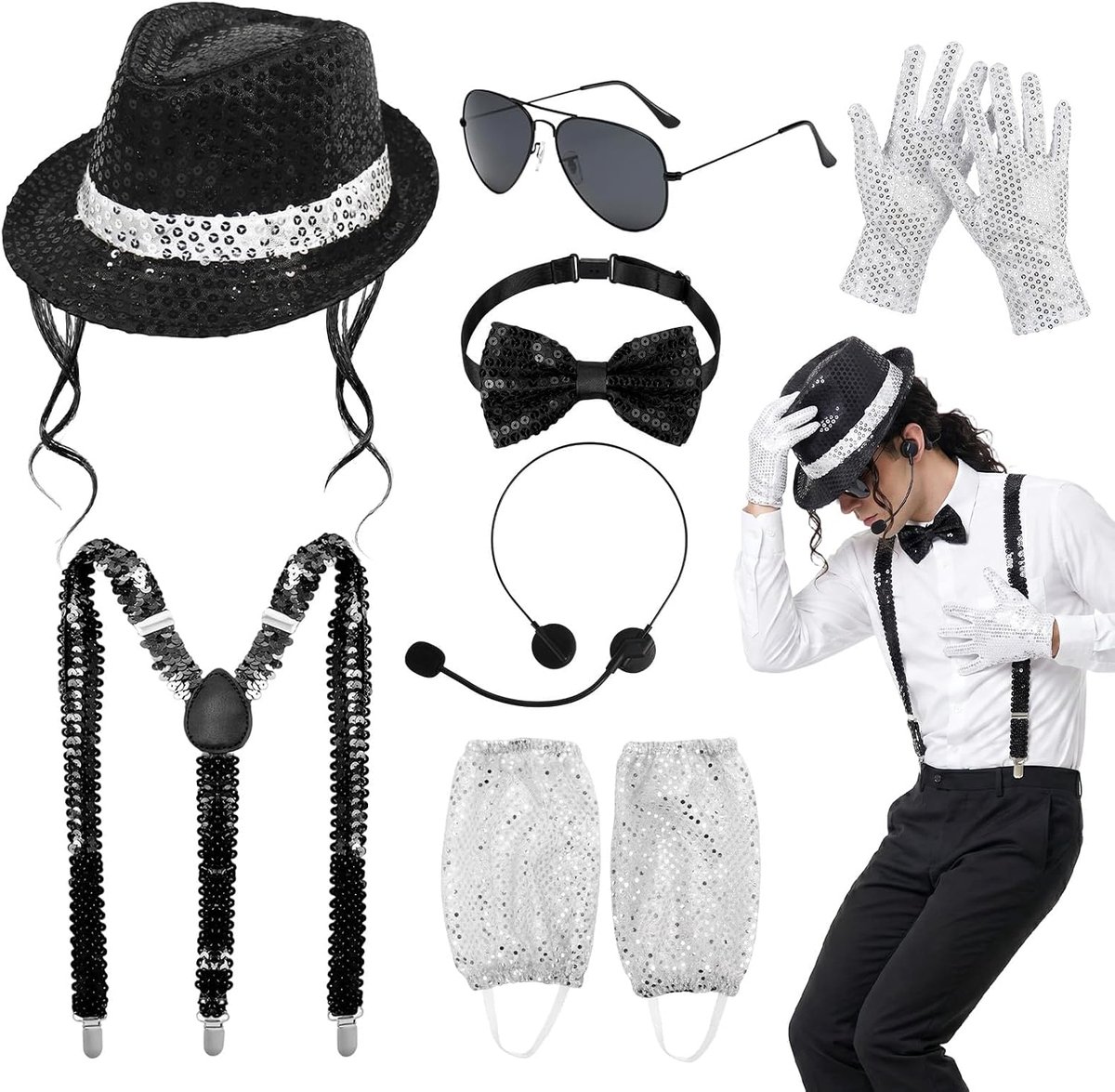Retro podiumkostuumset 7-delig met paillettenhoed, bretels, vlinderdas en accessoires voor carnaval, carnaval en themafeesten