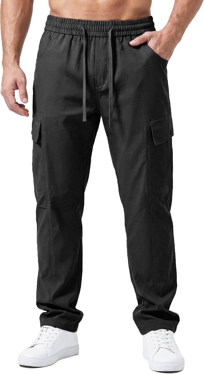 Cargobroek voor heren, licht, sneldrogend, wandelbroek, jogger met veel zakken, elastische taille met trekkoord