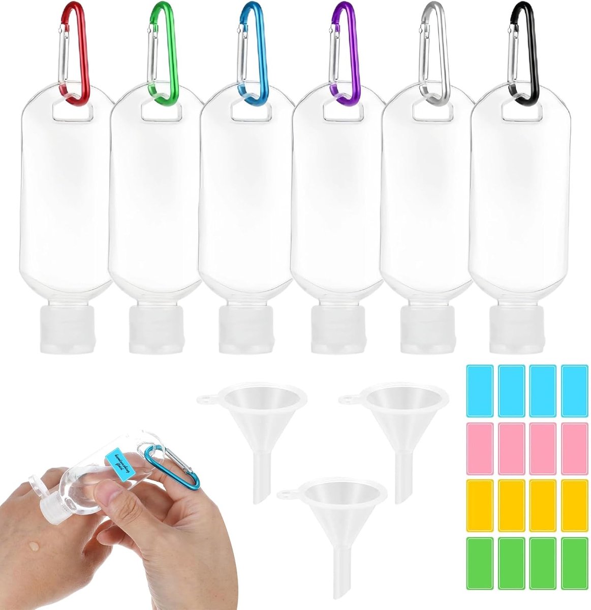 6 stuks reisflesjes 50 ml met 6 clips, 3 trechters en etiketten, TSA-goedgekeurde navulbare lekvrije knijpflessen voor shampoo, lotion, handgel en toiletartikelen