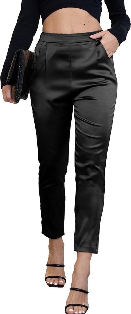 Satijnen damesbroek, casual, geplooid, hoge taille, broek met zakken, Drapeblack, M