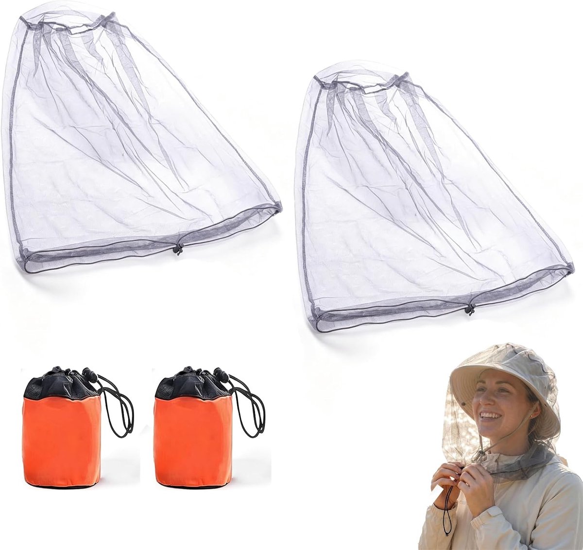 Hoofd, 2 stuks muggennet met draagtas, insectennet voor hoofd om te vissen, bijenbescherming, muggenbescherming buiten en jungle