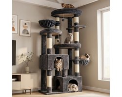 Krabpaal voor katten, 171 cm voor Maine Coon, met 3 platforms, 2 grote huisjes, 2 comfortabele bedden en 2 hangende pluche ballen, rookgrijs MPJ084G