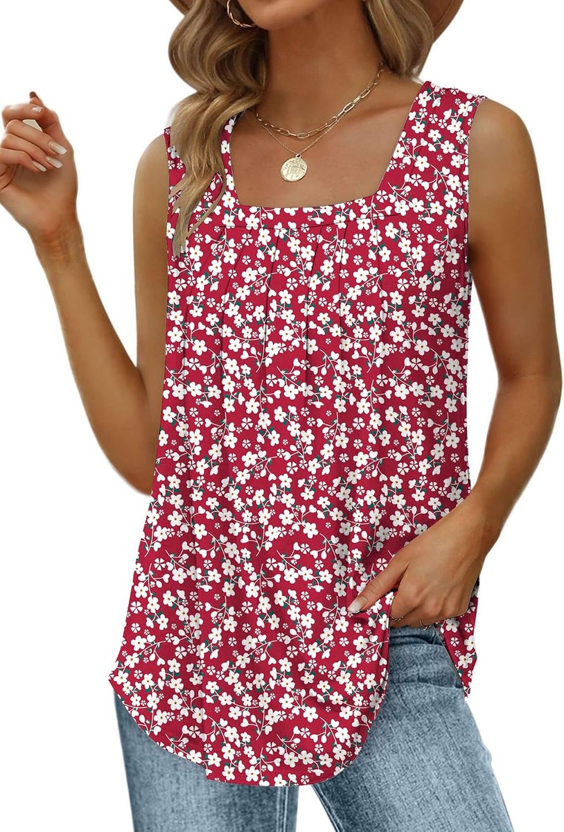 Tanktop voor dames, trendy mouwloos T-shirt, elegante zomertop met vierkante halslijn en plooien, losvallend model