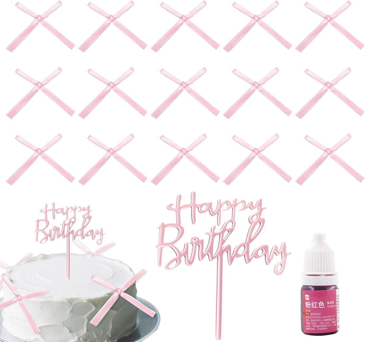 30 stuks taartdecoraties met roze strik, taartdecoratieset met strik voor verjaardag