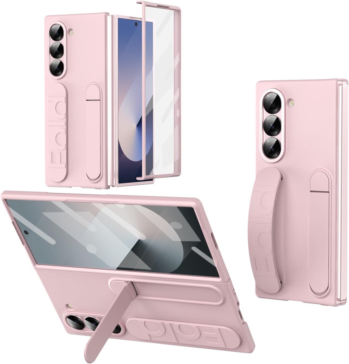Hoes voor Samsung Galaxy Z Fold 6, verticale portemonneehoes met ringring, draagbare standaard en lensbescherming, vingerafdrukbestendig PC-materiaal, roze