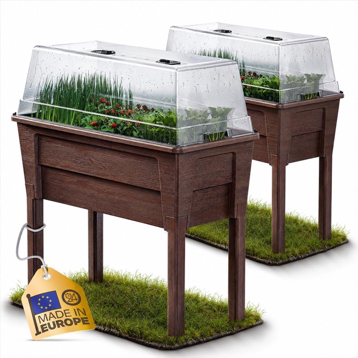 Tuin verhoogd bloembed Victoria voor balkon, plantenbak met broeikas, volume 50 l, waterreservoir, druppelirrigatie, afneembare poten, geschikt voor buiten (2, bruin)