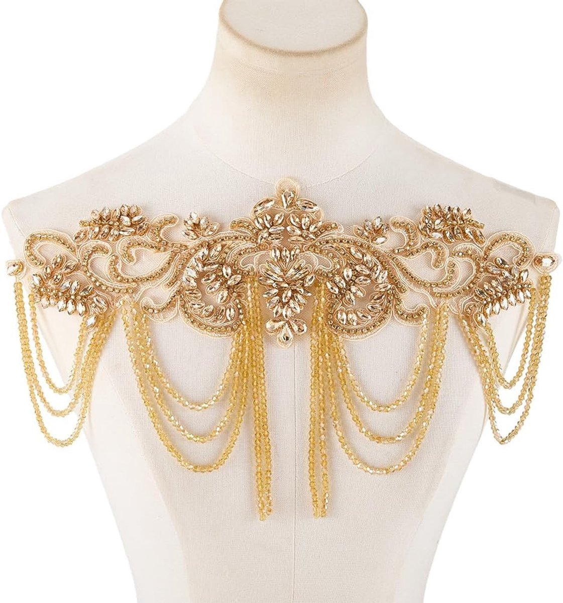 Gouden parels strass applicatie versiering champagne goud bloemen applicatie patch met parelketting opnaaien strass applicaties voor trouwjurk bruidsjurk DIY naaiaccessoires 20x34cm