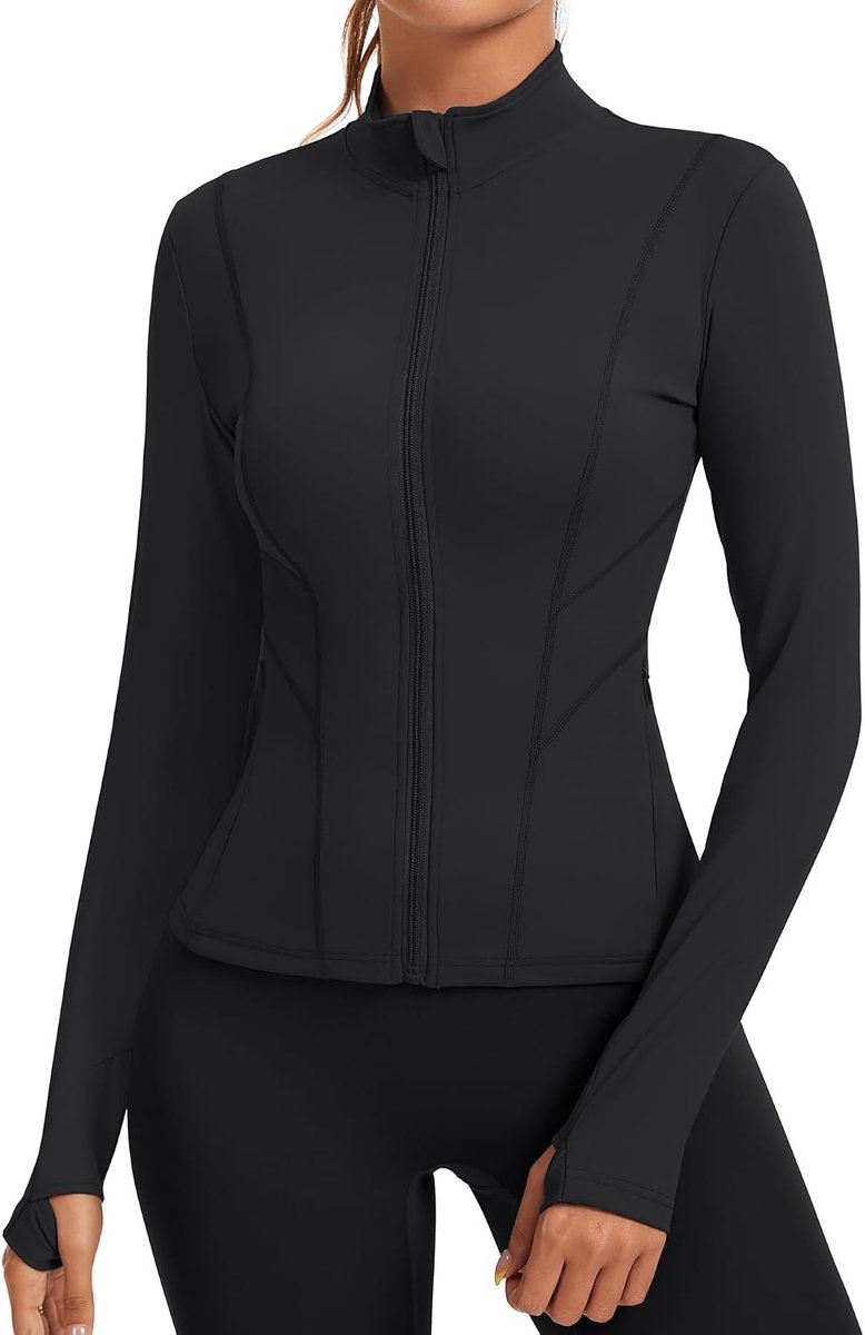 Sportshirt voor dames, lange mouwen, trainingsshirt, ademend hardloopjack met ritssluiting, zijzakken en duimgaten