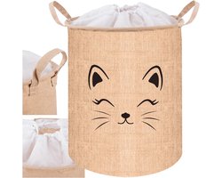 Speelgoedmand met deksel, inhoud 35 liter, met kattengezicht, grote organizer voor kleding en wasgoed, waterdicht en ruimtebesparend, met handgrepen en trekkoordsluiting, 24727
