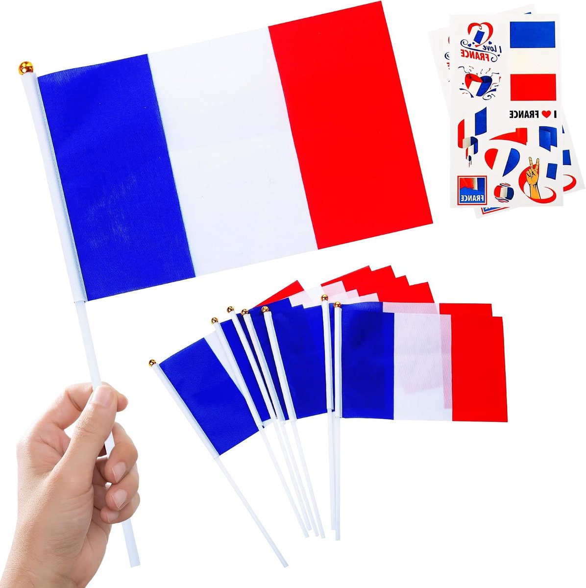 10 stuks kleine Franse vlaggen op stokjes en 2 stuks tatoeages, mini Frankrijk vlaggen voor Olympische Spelen 2024, voetbal sportevenementen, nationale dag feestdecoraties