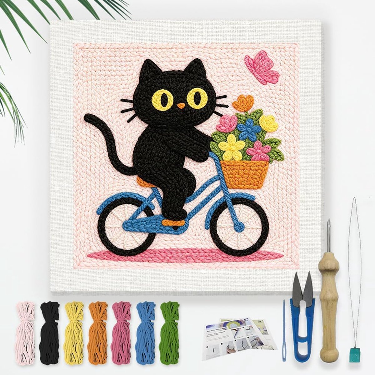 Zwarte kat op de fiets naaldenset voor beginners, 24 x 24 cm, vlinder, bloem, punch stitching, knutselset, doe-het-zelf borduurstarter met bedrukt frame, handleiding (mogelijk niet