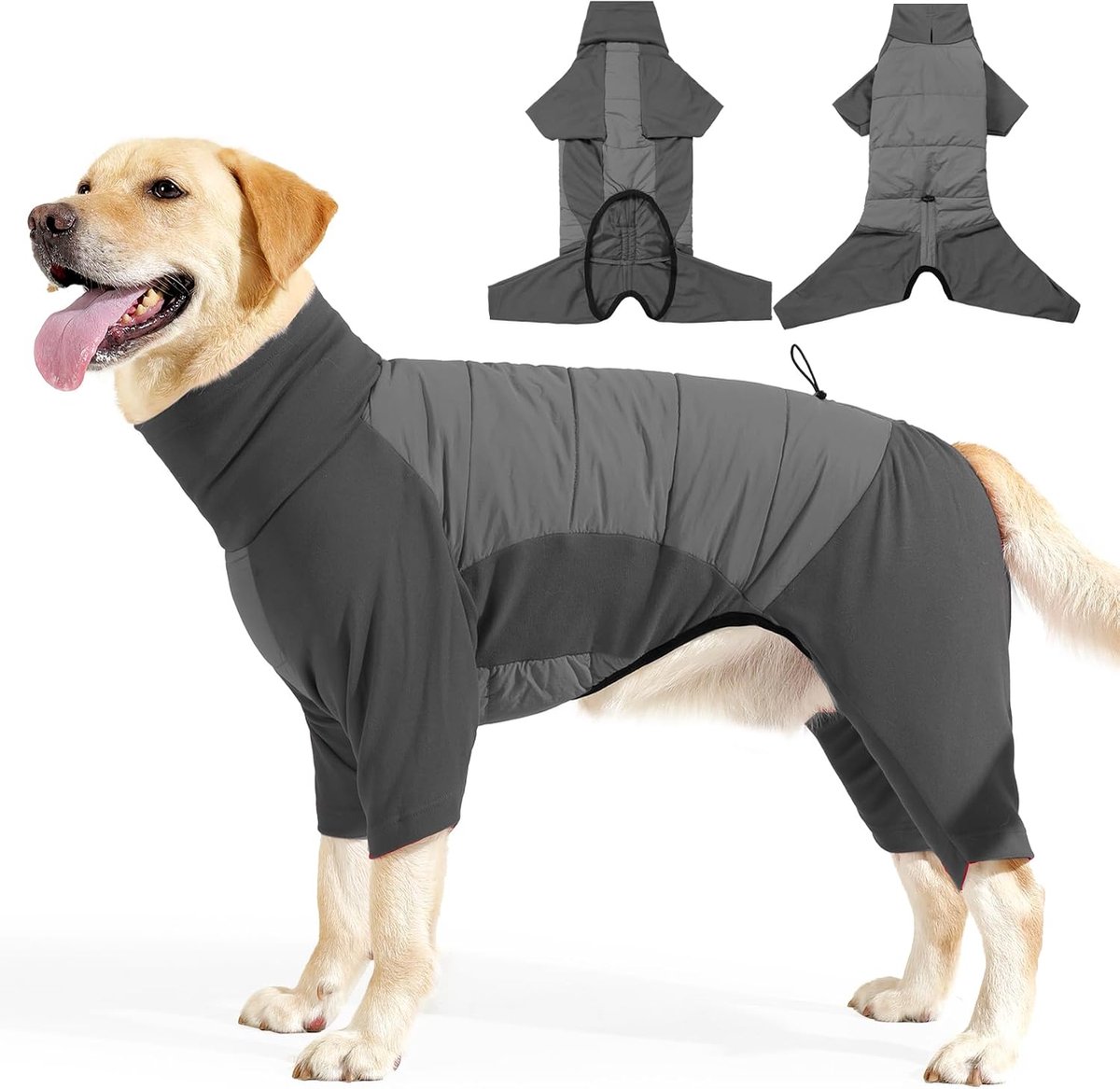 Hondenjas met Benen Jumpsuit Fleece Winddicht Hondenjas met Coltrui, Warme Honden Full Body Pyjama met Riemgat voor Kleine, Middelgrote en Grote Honden (Grijs, XL)