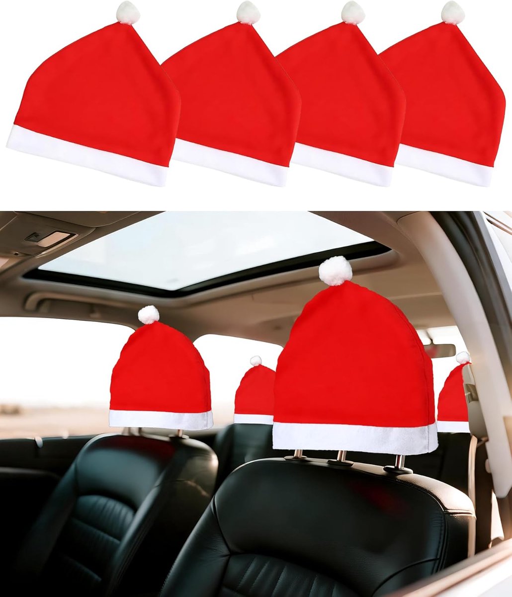 Hoed auto hoofdsteunhoezen, set van 4 grappige auto kerstmuts hoofdsteun zachte fleece decoratie interieur kerst accessoires voor autostoelen voor Kerstmis Nieuwjaar 33 x 34 cm (8)