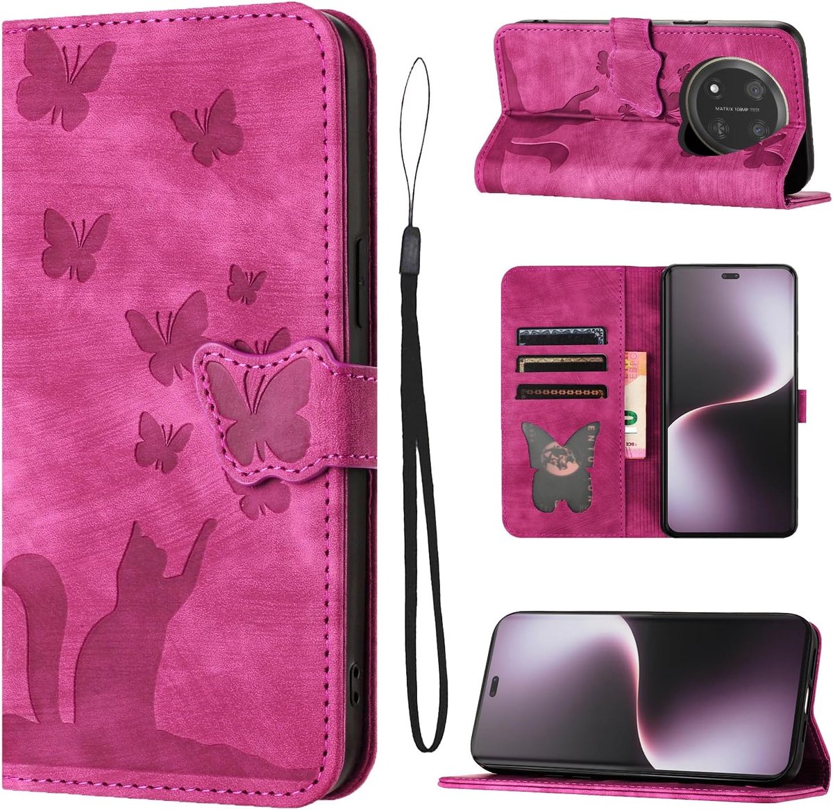 Hoes voor mobiele telefoon voor Honor Magic 7 Lite 5G (6,78 inch), premium lederen hoes, inklapbare flip case, standfunctie, hoes met kaartsleuven, beschermhoes voor Honor Magic 7 Lite, roze