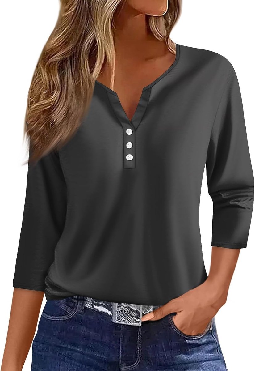 Dames 3/4-mouwen shirt, zomer, casual, V-hals, knoopsluiting, wijd, stretch, licht, basis