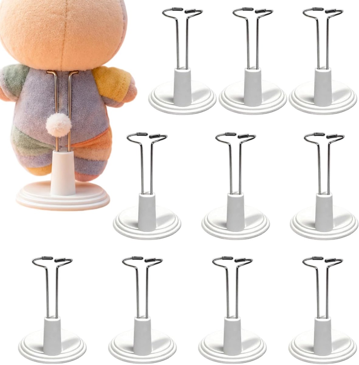 Poppenhouder & Figurenstandaard, set van 10 verstelbare houders voor figuren van 10-20 cm, wit kunststof met tailleclip (poppen niet inbegrepen)