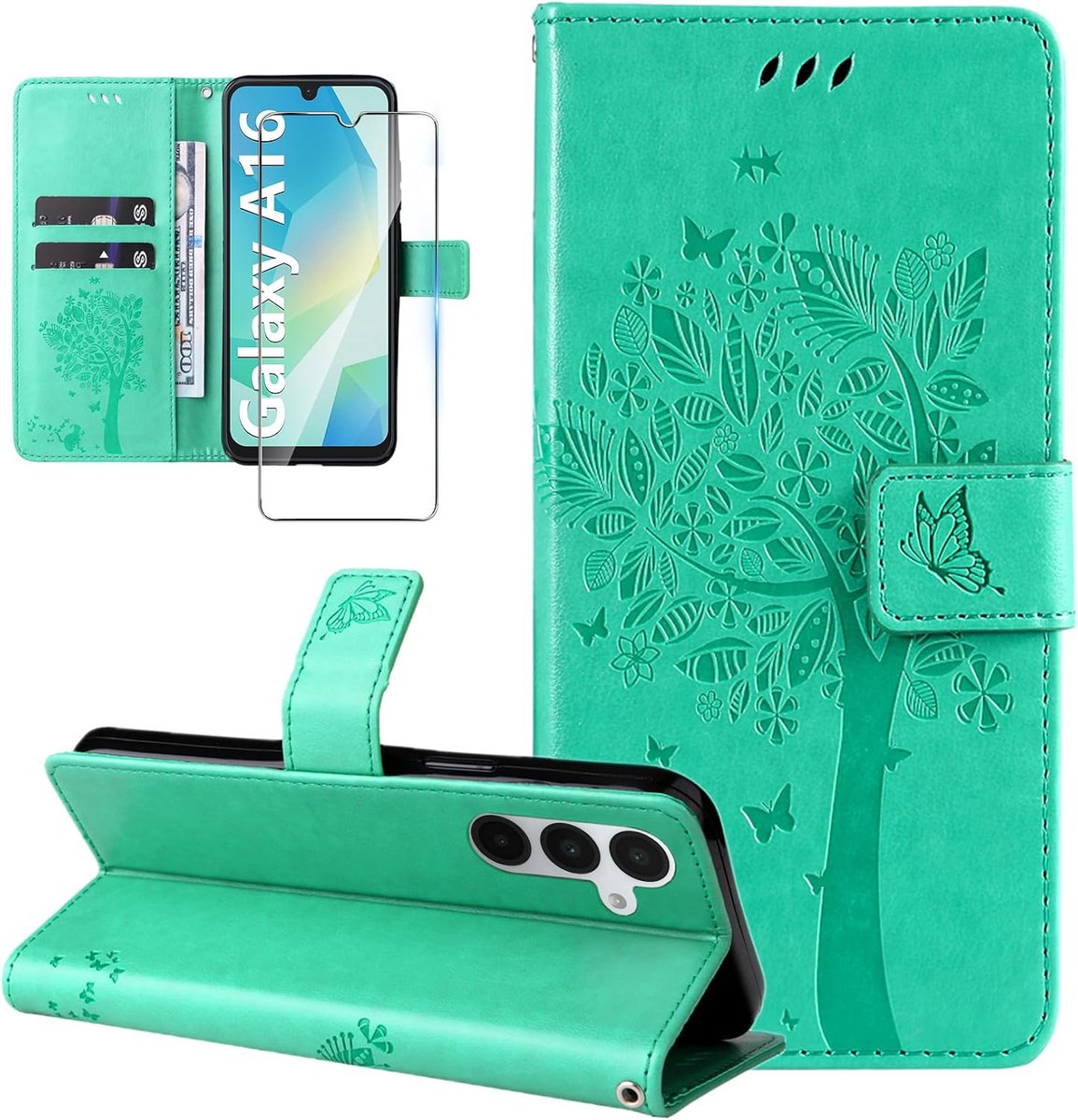 Hoesje voor Samsung Galaxy A16 4G/5G lederen portemonnee hoesje met gehard glas ontwerp kaarthouder flip case cover bescherming flip case cover voor Samsung Galaxy A16 4G/5G - groen