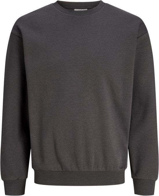 Donkergrijze sweater met ronde hals en geribbelde boorden.