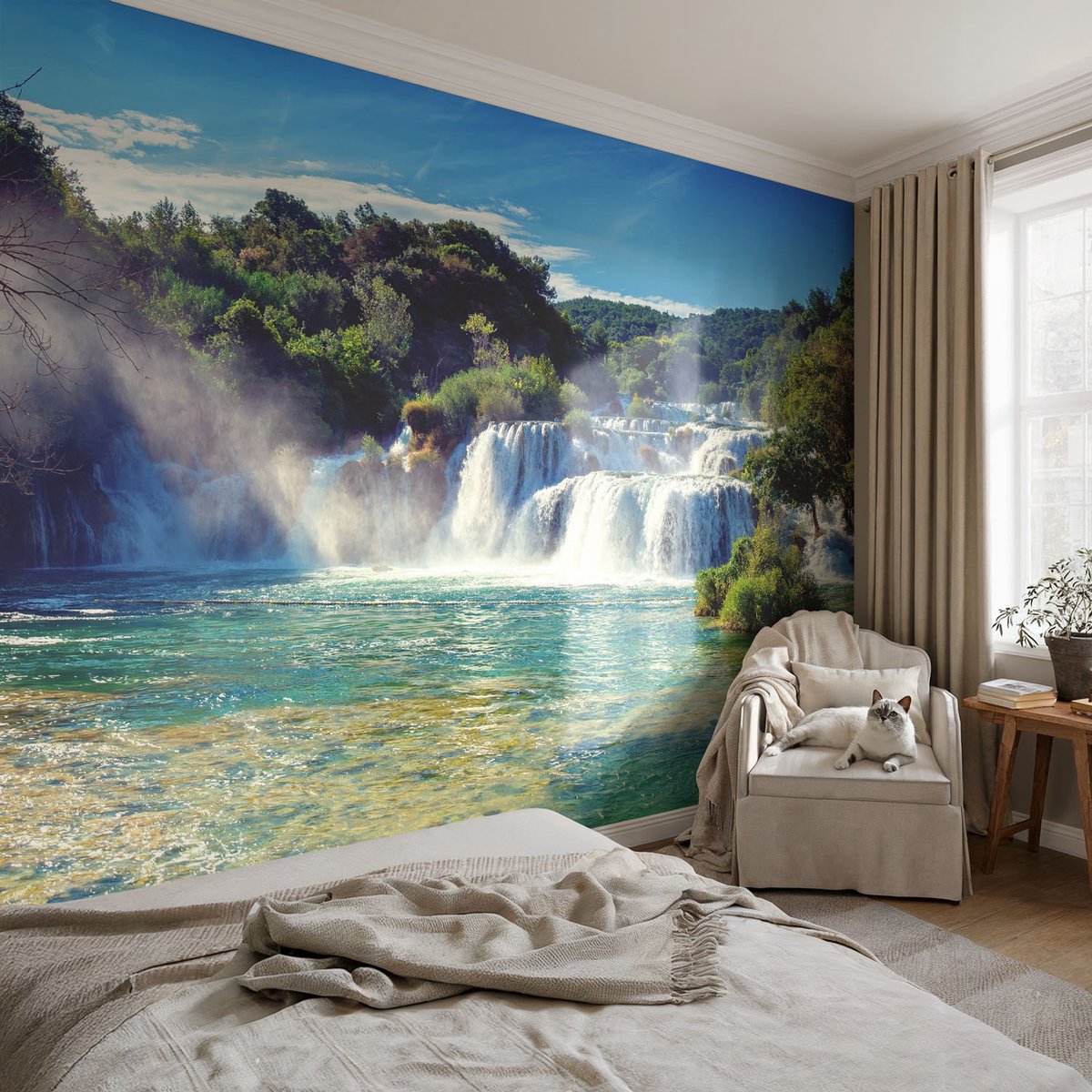 Coloray Vliesbehang - Blauw Snellijm Behang - 104x70 cm - Watervallandschap Muurschildering - Slaapkamer behang Landschappen - Fotobehang Vlies - Gang behang