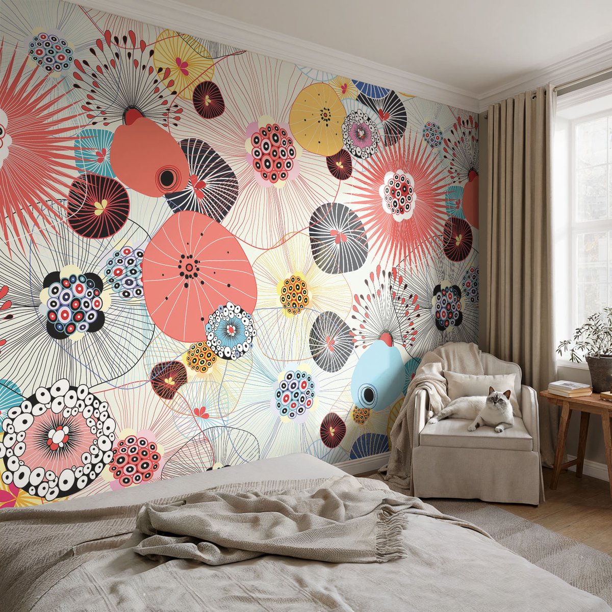 Coloray Vliesbehang - Rood Snellijm Behang - 104x70 cm - Kleurrijke Bloemen Muurschildering - Gang behang Abstractie - Fotobehang Vlies - Slaapkamer behang