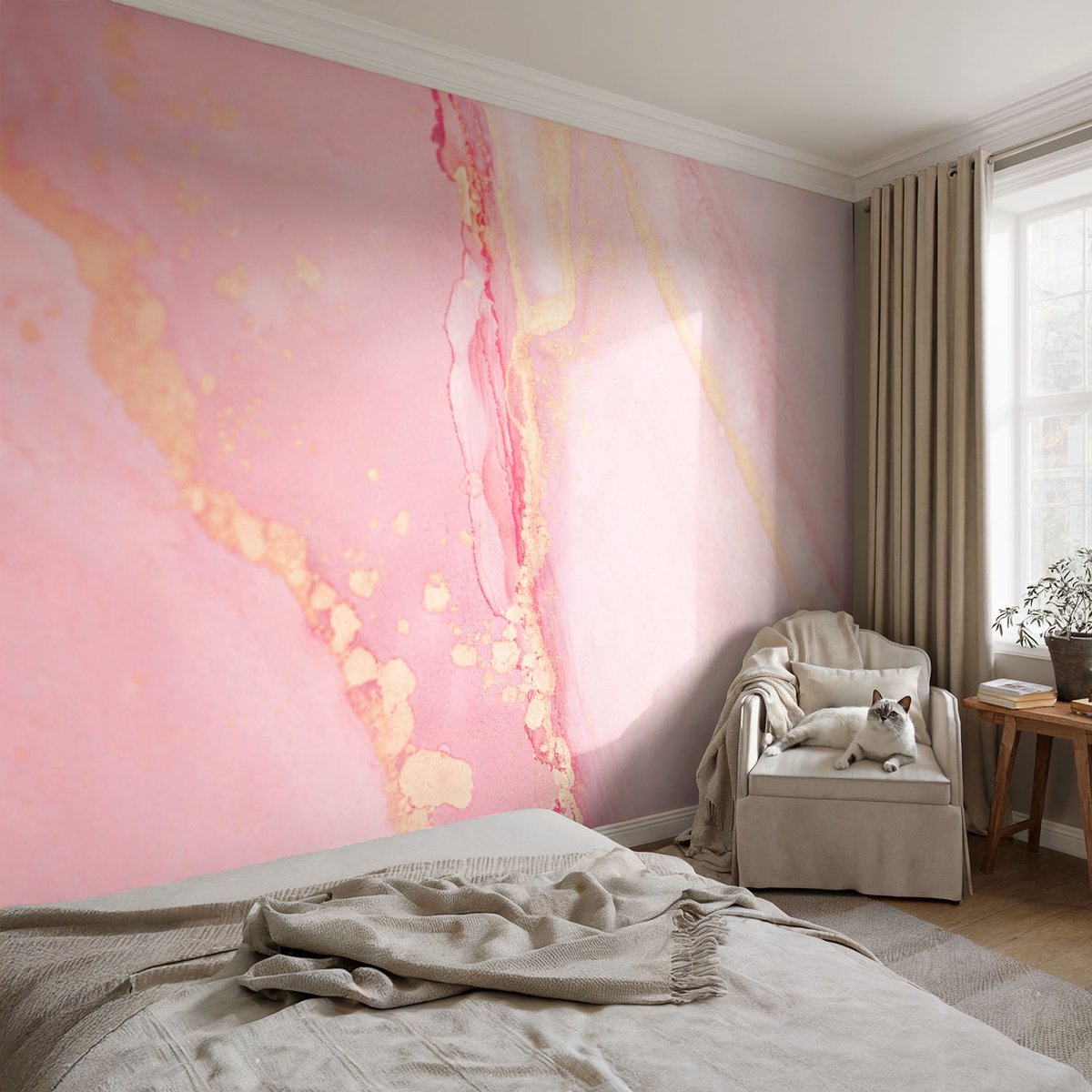 Coloray Vliesbehang - Roze Snellijm Behang - 104x70 cm - Pastel Abstractie Fotobehang Vlies - Woonkamer behang Abstractie - Muurschildering - Woonkamer behang