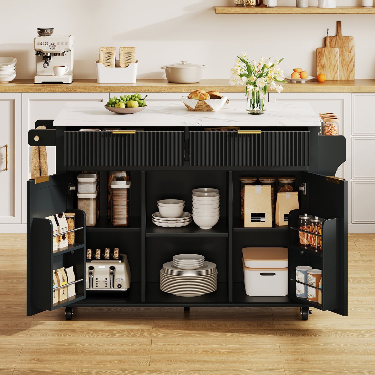 MODENUIT Kookeiland 143 x 45-69 cm - Klapbaar Werkblad met 5 Wielen - Keuken - MDF - Zwart Naturel