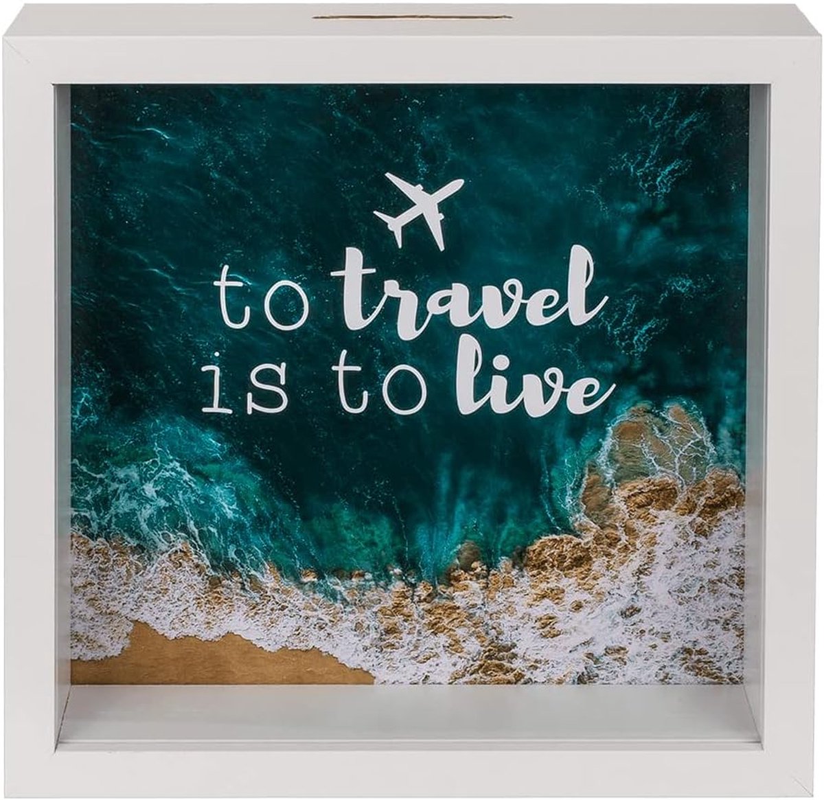 makio Reisspaarpot voor munten To Travel is To Live (20 x 20 x 5 cm) - Houten frame met ophangoog - Origineel cadeau-idee voor reizigers en geschenkgevers - Art Deco - Blauw