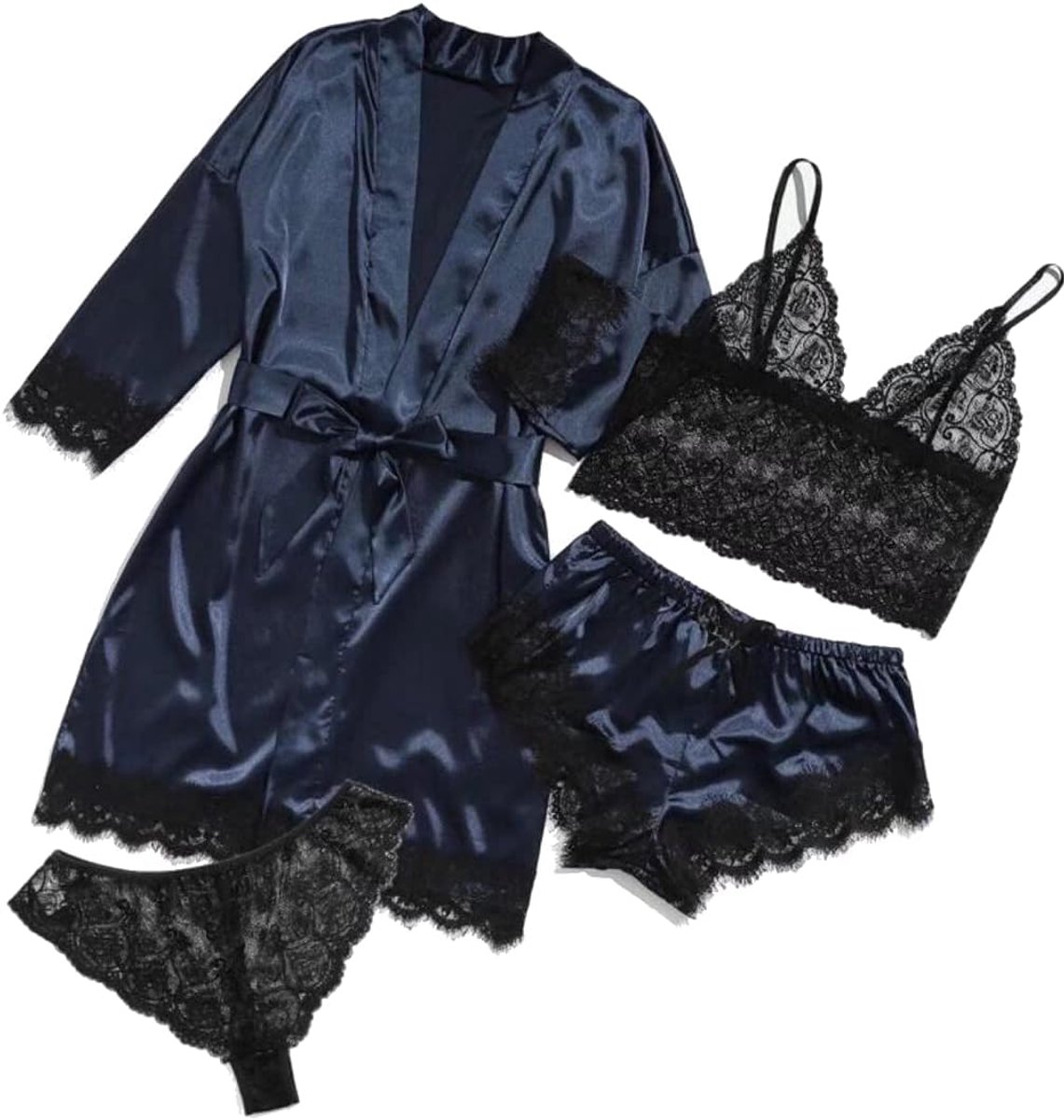 Vierdelige Satijnen Pyjama Kanten Ondergoed Korte Mantel Met Riem Zijden Kleding…