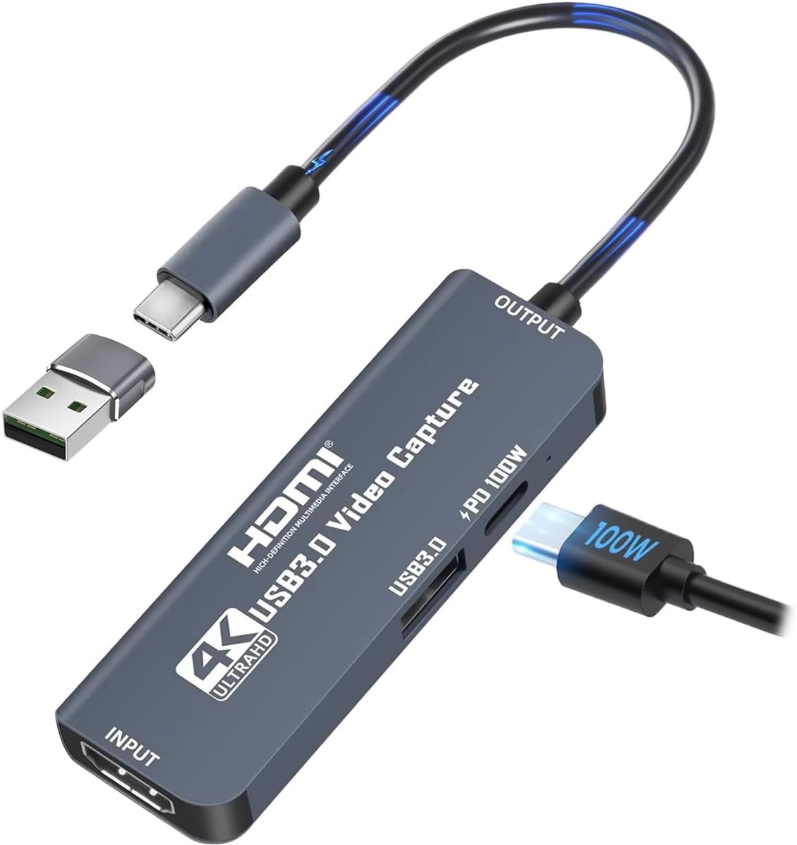 I naar USB C/A Capture Card met PD100W en USB-aansluiting, streaming game-opname 4K 1080P/60FPS Capture Car d voor gaming-video-opname, compatibel met Switch, PS,X Box