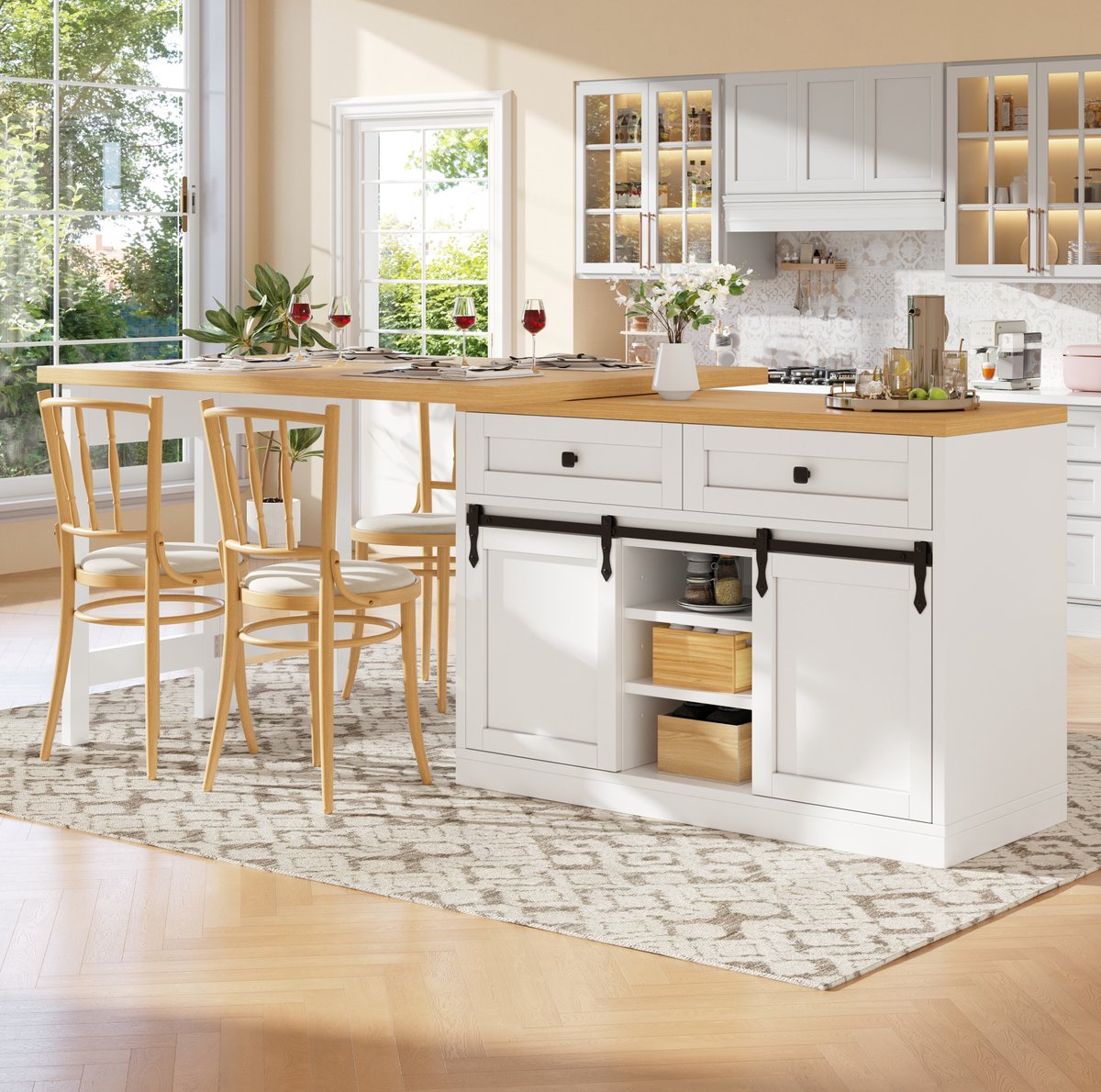 MODENUIT Eettafel 120 Tot 197 Cm - 360 Graden Draaibaar, 2 Lades - Keuken - MDF Metaal Wit