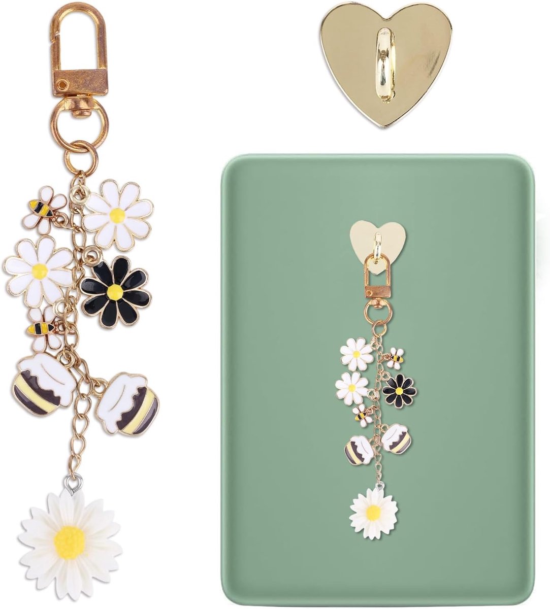 Bedelset, 15,2x2,5cm Schattige E-Reader Bedelketting met Hartvormige Haak Madeliefje Ontwerp Ketting voor Kindle E-Book en Mobiele Telefoonaccessoires(Honingstijl)