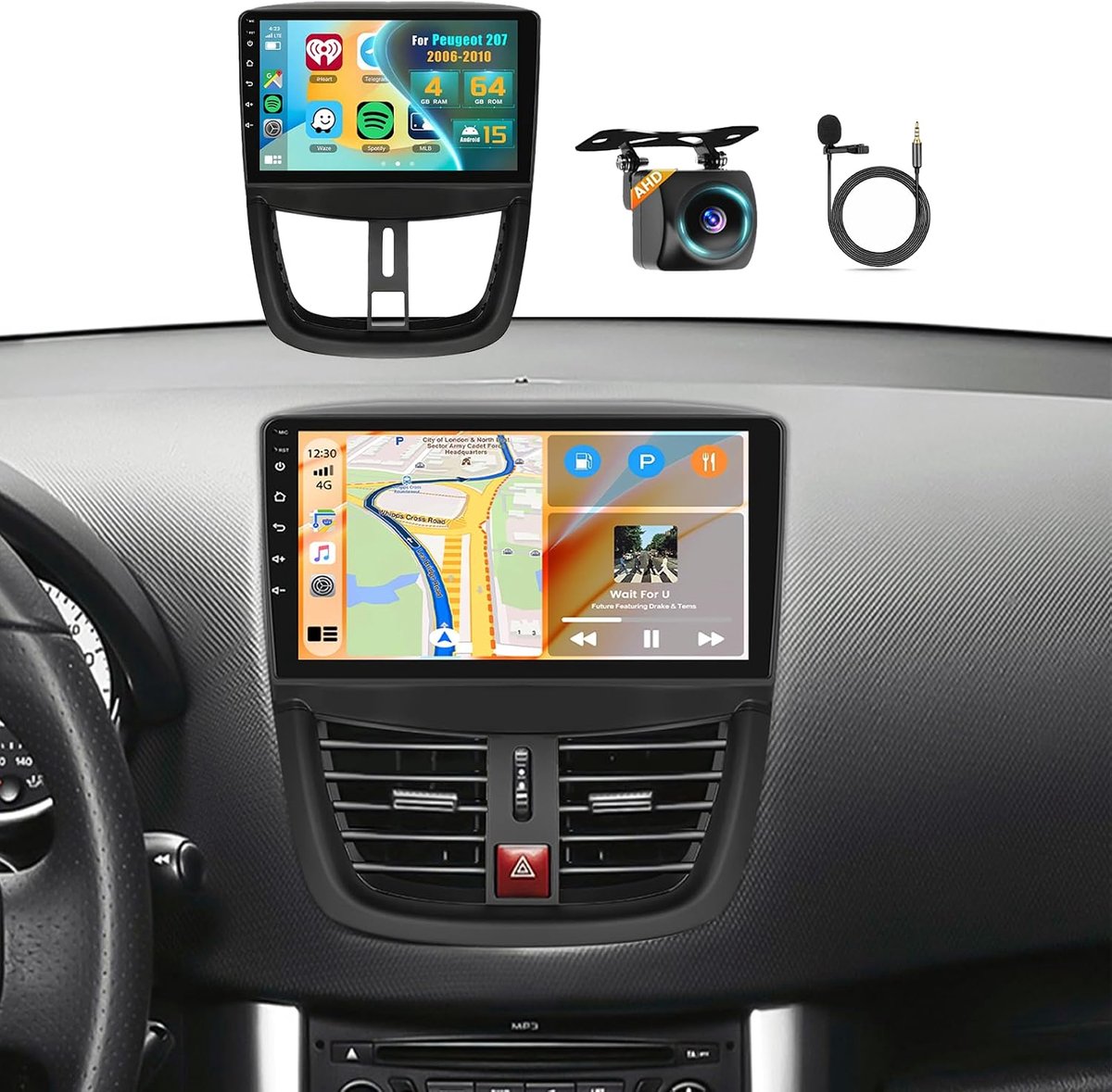 4G+64G Android 15 autoradio voor Peugeot 207 2006-2010, 9 inch touchscreen, draadloos CarPlay, Android Auto, GPS, wifi, RDS/FM, microfoon, achteruitrijcamera