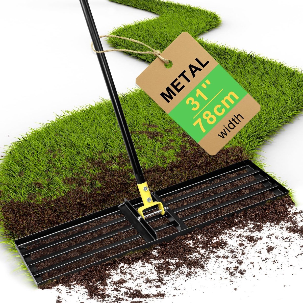 Gazon nivelleringshark 31 inch, zware gazonnivellerhark voor grasgrond, nivelleringshark voor gazon met 72 '' ergonomische gebogen eindgreep lange handgreep, Levelawn Tool nivellering grond