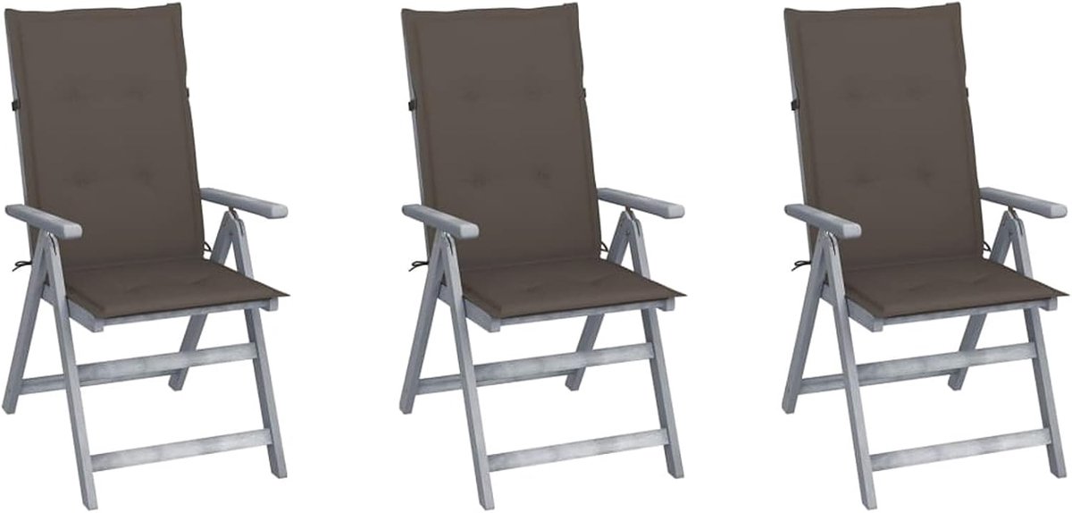 3 stuks verstelbare tuinstoelen met taupe kussens (5 posities), rugleuningstoel, armleuningstoel, houten stoel, klapstoel, eetkamerstoel, balkonstoel, terrasstoel, tuinmeubelen, massief acacia