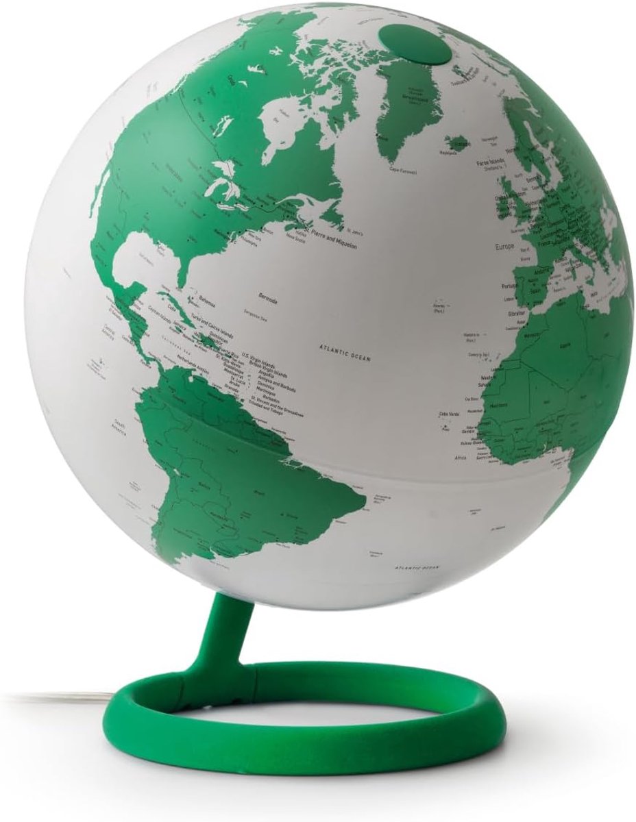 Atmosphere Evolve Velvet Giada wereldbol in Scandinavisch design met gekleurde lamp, politieke cartografie in het Engels, diameter 30 cm, gemaakt in Italië