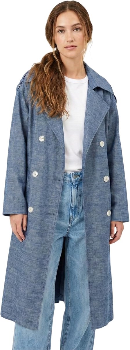 trenchcoat voor dames, reverskraag, kruissluiting met knopen, met ceintuur, beige en blauw
