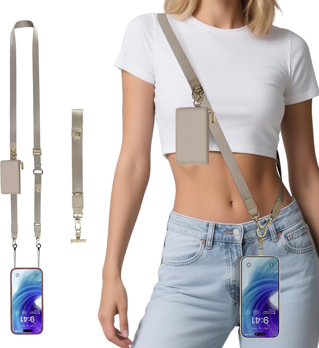 memumi 3-in-1 Verstelbare Crossbody-Telefoonkoord met Portemonneehoesje, Veilige Antidiefstal Telefoonbandje met Portemonnee, Clip-and-go-riem voor Telefoon (gesp van zinklegering) Kaki